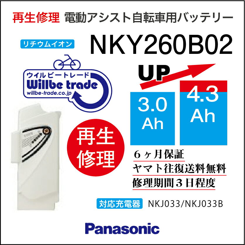 【PANASONIC/パナソニック　電動自転車バッテリー　NKY260B02(3.0→5.2Ah)電池交換、往復送料無料、6か月保証、無料ケース洗浄】