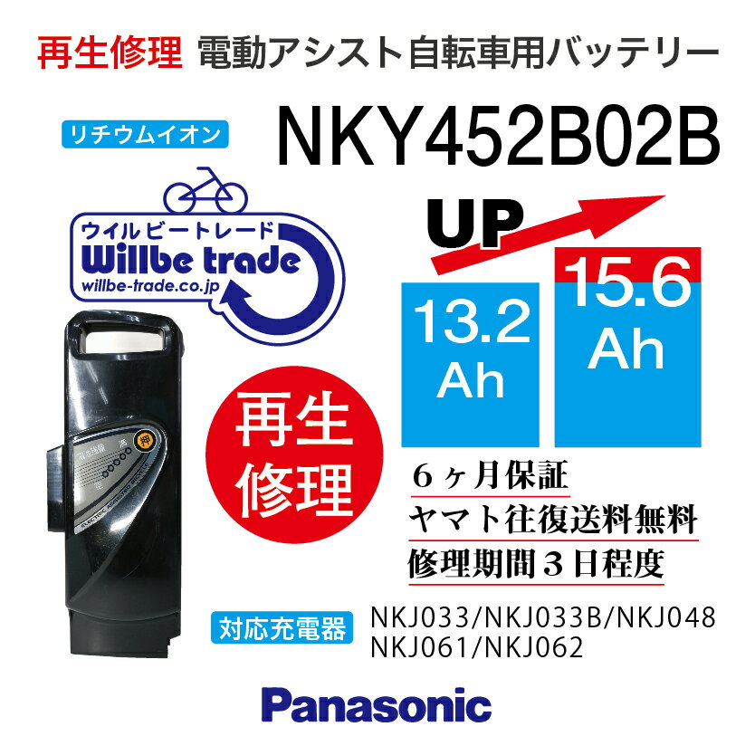 楽天電動自転車バッテリー再生・修理店【即納・PANASONIC/パナソニック　電動自転車バッテリー　NKY452B02B （13.2→15.6Ah）電池交換、往復送料無料、6か月保証、無料ケース洗浄】