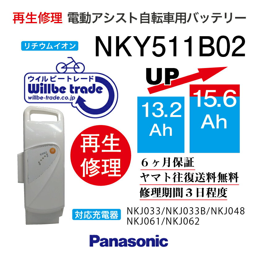 楽天電動自転車バッテリー再生・修理店【即納・PANASONIC/パナソニック　電動自転車バッテリー　NKY511B02　（13.2→15.6Ah）　電池交換、往復送料無料、6か月保証、無料ケース洗浄】