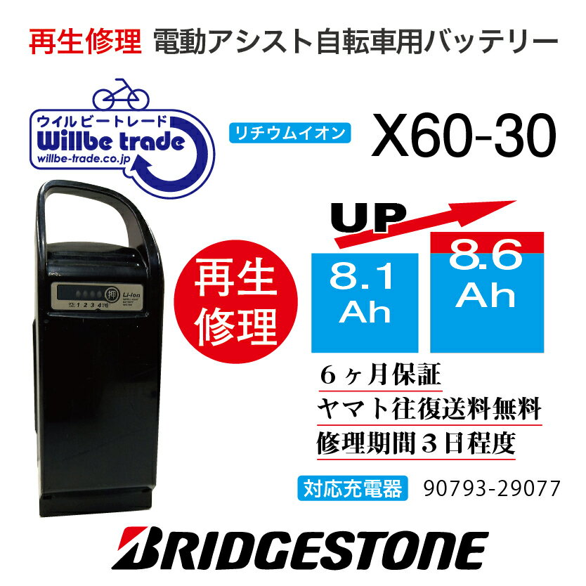 【★即納★新品電池の交換で100％性能が復活します、往復送料無料、6か月間保証、★バッテリーケース洗浄サービス無料】 バッテリーの性能が落ち、走行距離が短くなっていませんか？バッテリーの充電ができず、バッテリーが壊れているのか、充電器が壊れているのかわからない方、何なりとお問い合わせください。お客様のバッテリーをお預かりし、バッテリーの電池を新品に交換しお届けします。バッテリーを緩衝材で巻き紙袋（3辺が60cm以下）に入れ、セブンイレブン、ファミリーマートで、ヤマト運輸の着払い伝票で当社にお送り下さい。3辺が60cm以上の場合には追加送料をご請求となりますのでご協力よろしくお願いします。発送後、送り状番号をメールでご連絡ください。 バッテリーが当社に到着し3日間程度お時間を頂き、電池交換が終わり次第、宅配会社が商品のお届けに行きます。 バッテリーの性能を復活させケースも洗浄し、気持ちよくご利用いただけますよ♪万が一バッテリーの基板に不具合があった場合でも、別途費用をいただき基板を交換してお届けさせていただきます。お預かりしたバッテリーは間違えなく100％性能復活させていただきます。貸出バッテリーが必要の場合には、往復送料をお客様がご負担となりますが無料でお貸出しさせていただきます。バッテリーの容量をアップや充電器の修理についても、気楽のお問い合わせください。 お問い合わせ・バッテリーの送付先： 〒132-0034東京都江戸川区小松川4-52-3　第二長島ビル2F 電動自転車バッテリー再生修理専門店 株式会社ウィルビートレードコーポレーション 03-6321-0104　横田まで　　（ご来店歓迎、事前予約即日対応可）