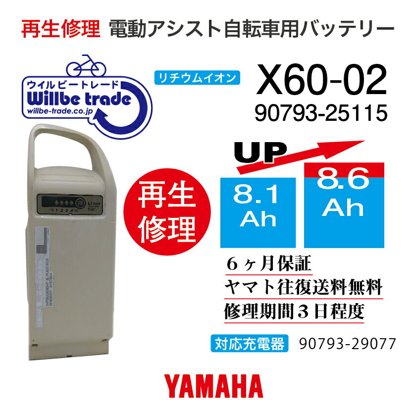 【即納・YAMAHAヤマハ 電動自転車バッテリー X60-02 (8.1→10.4Ah)電池交換・往復送料無料・6ヶ月間保証付・ケース洗浄無料サービス】