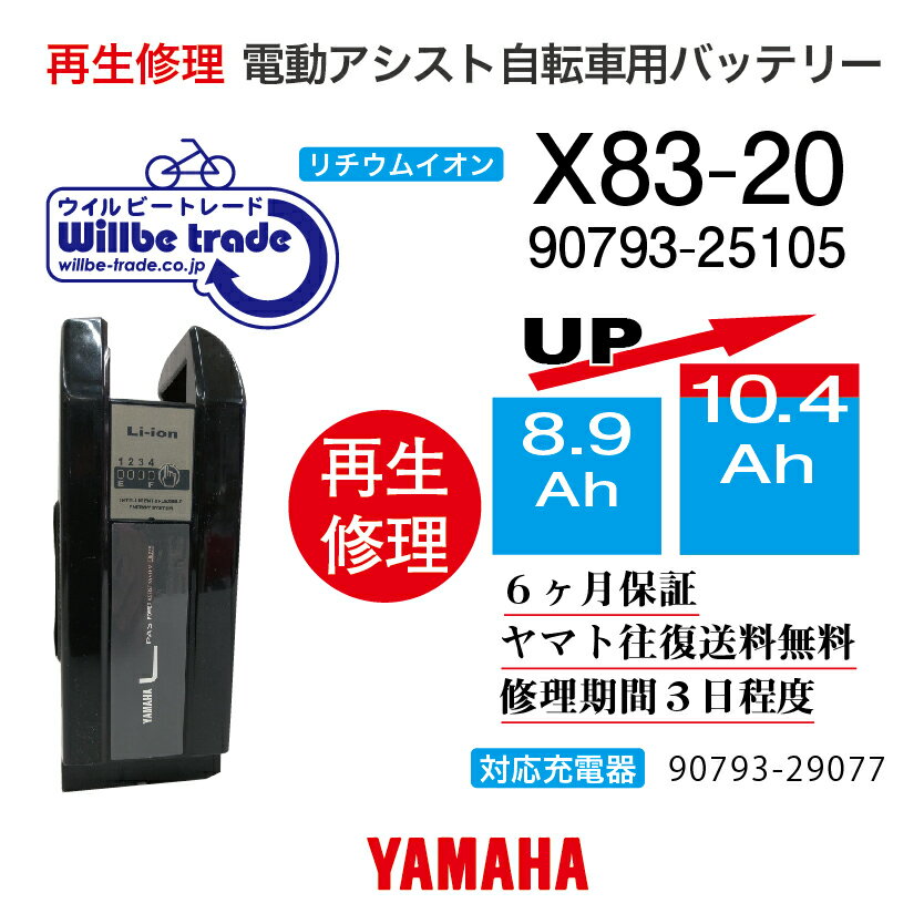 【即納・YAMAHAヤマハ 電動自転車バッテリー X83-20 8.9→10.4Ah 電池交換・往復送料無料・6ヶ月間保証付・ケース洗浄無料サービス】