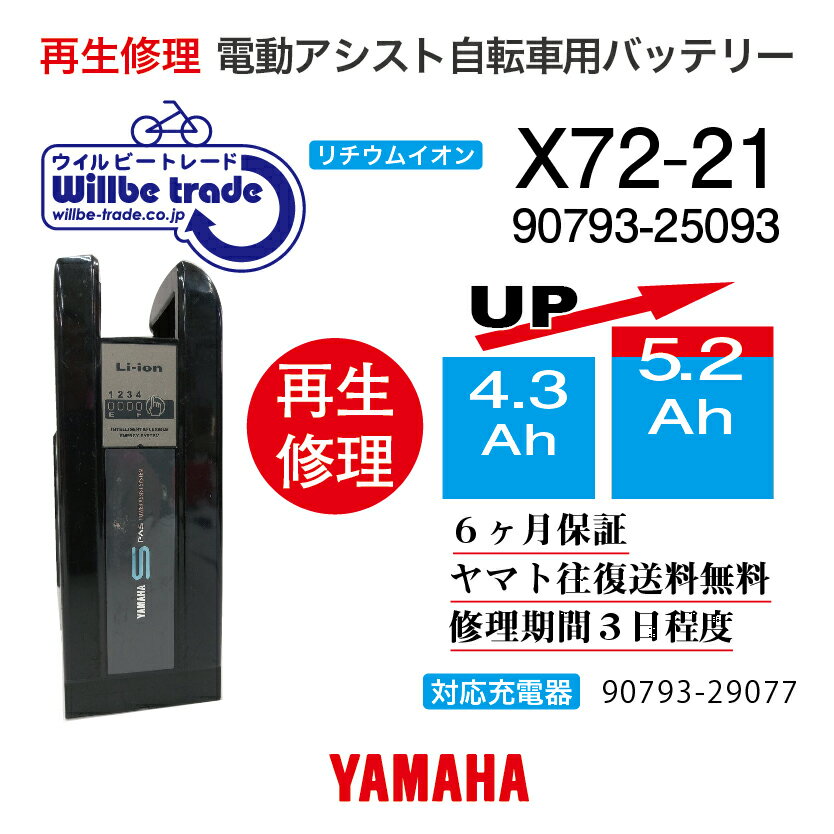 【即納 BRIDGESTONE ブリヂストン 電動自転車バッテリー X72-21(4.3→5.2Ah) 電池交換 往復送料無料 6ヶ月間保証付 ケース洗浄無料サービス】