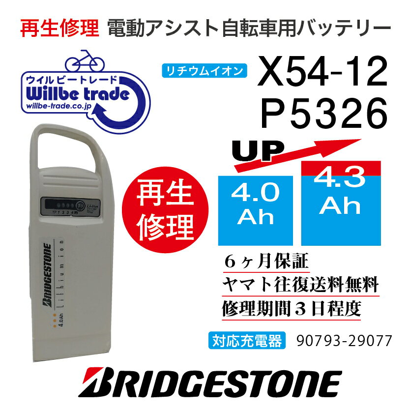 【★即納★新品電池の交換で100％性能が復活します、往復送料無料、6か月間保証、★バッテリーケース洗浄サービス無料】 バッテリーの性能が落ち、走行距離が短くなっていませんか？バッテリーの充電ができず、バッテリーが壊れているのか、充電器が壊れているのかわからない方、何なりとお問い合わせください。お客様のバッテリーをお預かりし、バッテリーの電池を新品に交換しお届けします。バッテリーを緩衝材で巻き紙袋（3辺が60cm以下）に入れ、セブンイレブン、ファミリーマートで、ヤマト運輸の着払い伝票で当社にお送り下さい。3辺が60cm以上の場合には追加送料をご請求となりますのでご協力よろしくお願いします。発送後、送り状番号をメールでご連絡ください。 バッテリーが当社に到着し3日間程度お時間を頂き、電池交換が終わり次第、宅配会社が商品のお届けに行きます。 バッテリーの性能を復活させケースも洗浄し、気持ちよくご利用いただけますよ♪万が一バッテリーの基板に不具合があった場合でも、別途費用をいただき基板を交換してお届けさせていただきます。お預かりしたバッテリーは間違えなく100％性能復活させていただきます。貸出バッテリーが必要の場合には、往復送料をお客様がご負担となりますが無料でお貸出しさせていただきます。バッテリーの容量をアップや充電器の修理についても、気楽のお問い合わせください。 お問い合わせ・バッテリーの送付先： 〒132-0034東京都江戸川区小松川4-52-3　第二長島ビル2F 電動自転車バッテリー再生修理専門店 株式会社ウィルビートレードコーポレーション 03-6321-0104　横田まで　　（ご来店歓迎します）