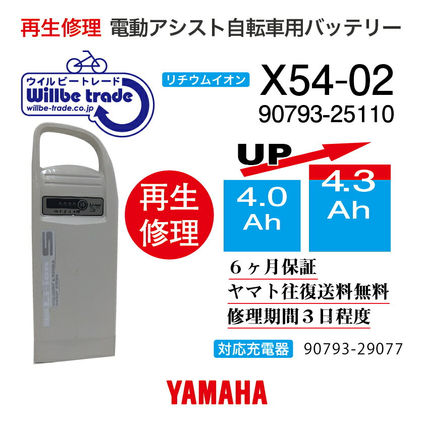 【即納 YAMAHAヤマハ 電動自転車バッテリー 90793-25110 (X54-02) (4.0→5.2Ah)電池交換 往復送料無料 6ヶ月間保証付 ケース洗浄無料サービス】