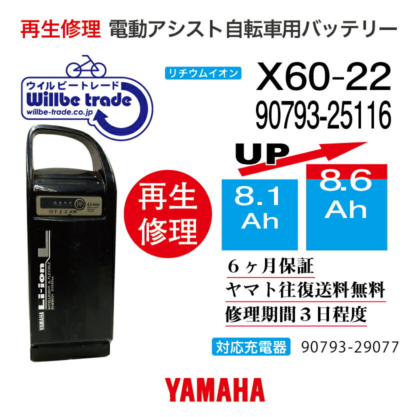 【即納 BRIDGESTONE ブリヂストン電動自転車バッテリー X60-22 (8.1→10.4Ah)電池交換 往復送料無料 6ヶ月間保証付 ケース洗浄無料サービス】