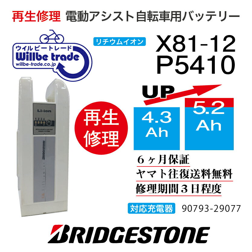 【★即納★新品電池の交換で100％性能が復活します、往復送料無料、6か月間保証、★バッテリーケース洗浄サービス無料】 バッテリーの性能が落ち、走行距離が短くなっていませんか？バッテリーの充電ができず、バッテリーが壊れているのか、充電器が壊れているのかわからない方、何なりとお問い合わせください。お客様のバッテリーをお預かりし、バッテリーの電池を新品に交換しお届けします。バッテリーを緩衝材で巻き紙袋（3辺が60cm以下）に入れ、セブンイレブン、ファミリーマートで、ヤマト運輸の着払い伝票で当社にお送り下さい。3辺が60cm以上の場合には追加送料をご請求となりますのでご協力よろしくお願いします。発送後、送り状番号をメールでご連絡ください。 バッテリーが当社に到着し3日間程度お時間を頂き、電池交換が終わり次第、宅配会社が商品のお届けに行います。 バッテリーの性能を復活させケースも洗浄し、気持ちよくご利用いただけますよ♪万が一バッテリーの基板に不具合があった場合でも、別途費用をいただき基板を交換してお届けさせていただきます。お預かりしたバッテリーは間違えなく100％性能復活させていただきます。貸出バッテリーが必要の場合には、往復送料をお客様がご負担となりますが無料でお貸出しさせていただきます。バッテリーの容量をアップや充電器の修理についても、気楽のお問い合わせください。 お問い合わせ・バッテリーの送付先： 〒132-0034東京都江戸川区小松川4-52-3　第二長島ビル2F 電動自転車バッテリー再生修理専門店 株式会社ウィルビートレードコーポレーション 03-6321-0104　横田まで　　（ご来店歓迎、事前予約即日対応可）