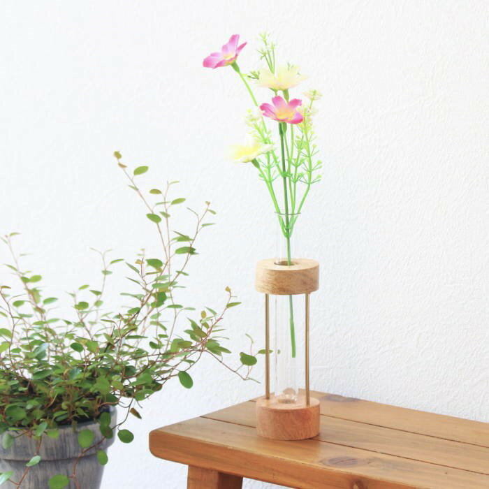 花瓶 おしゃれ フラワーベース 北欧 一輪挿し ガラス 木 花器 ガラス花瓶 花びん 試験管 円柱 丸 かわいい レトロ ナチュラル インテリア 高14.5cm 2