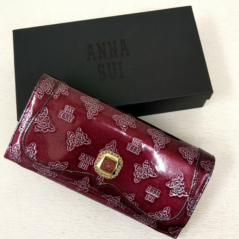 ANNA SUI アナスイ エナメル ラメ 長財布 ワインレッド バタフライ 財布 レディース【中古】Aランク プレゼント