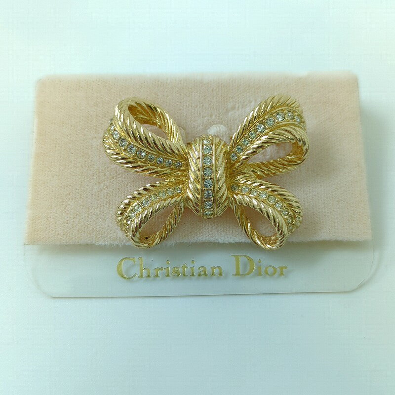 Christian Dior クリスチャンディオール リボン ブローチ ラインストーン ゴールドカラー アクセサリー レディース【中古】Aランク　ギフト　プレゼント