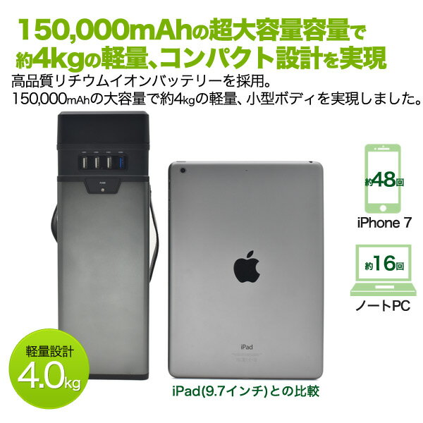 【送料無料】超大容量150000mAhバッテリー LEDライト付き●パソコン用変換プラグ付き アウトドア 防災グッズ コンセント対応 AC/DC/USB ポータブル電源 15万ミリアンペア 電源供給 災害時 停電 懐中電灯 USB4ポート 急速充電 モバイルバッテリー スマホ充電 iPhone pse取得