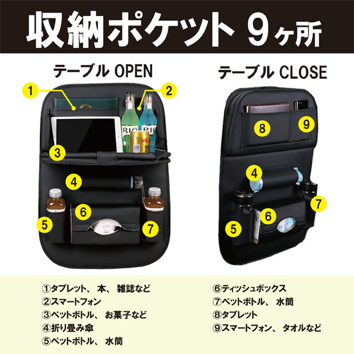 シートバックポケットPU素材パレット折り畳みテーブル付き車用収納ポケットキックガード後部座席収納防水防汚多機能大容量