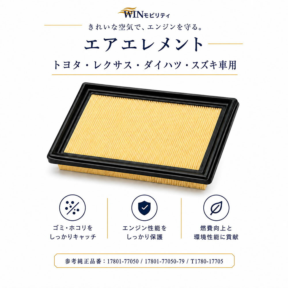 商品詳細 商品名 エアエレメント社外品(互換品) メーカー名 WINモビリティ メーカー品種 エアエレメント エアフィルター 吸気フィルター 集塵 エンジン保護 交換用 商品内容 エアフィルター本体×1 参考純正品番 トヨタ・レクサス・ダイハツ/17801-77050 17801-77050-79 スズキ/ T1780-17705 適合車種 ◆トヨタ◆ アルファード ヴェルファイア ヴォクシー カムリ カローラ カローラクロス カローラスポーツ カローラツーリング クラウン アスリート ロイヤル クラウンスポーツ クラウンクロスオーバー C-HR GR 86 ジャパンタクシー ノア ハリアー RAV4 ◆レクサス◆ ES NX RX UX ◆ダイハツ◆ アルティス ◆スズキ◆ ランディ 注意事項 ・必ず適合車種をご確認の上、ご注文ください。 ・車種、年式、型式、グレードにより適合が異なる場合があります。 ・適合確認をご希望の場合はご購入前にお問い合わせください。 ・商品画像はイメージです。実際の商品と仕様が異なる場合があります。 ・汎用品のため車種・年式・グレードによって装着感が異なる場合があります。 ・汎用タイプのため、車種専用品とはサイズに誤差がある場合がございます。 ※一部車種では加工が必要な場合がございます。 ・車種により取り付け位置が異なりますので整備マニュアルをご確認ください。 ・ご購入前に純正品番または現品の形状を必ずご確認ください。 ・衛生商品のため、適合確認をされずに購入された場合は返品対象外です。PREMIUM ENGINE AIR FILTER ホコリ・砂塵をしっかりキャッチ エアエレメント 商品詳細 セット内容 エアフィルター本体×1 サイズ 約270mm×150mm×35mm 【おすすめポイント】 ・ホコリ・砂塵をしっかりキャッチ ・エンジンに取り込む空気をクリーンに保つ エンジンを汚れから守る ・異物の侵入を抑え、エンジン保護をサポート 定期交換で快適な吸気環境へ 参考純正品番 トヨタ・レクサス・ダイハツ/17801-77050 17801-77050-79 スズキ/ T1780-17705 【参考適合車種一覧】 車種 / 型式 / 年式 ◆トヨタ◆ アルファード/AAHH40W AAHH45W/R5.6- ヴェルファイア/AAHH40W AAHH45W/R5.6- ヴォクシー/MZRA90W MZRA95W/R4.1- カムリ/AXVH70/H29.7-H30.8 カムリ/AXVH70 AXVH75/H30.8-R5.12 カローラ/NRE210/R1.9-R4.10 カローラ/MZEA17/R4.10- カローラ/ZRE212/R1.9-R4.10 カローラクロス/ZSG10/R3.9- カローラクロス/MXGA10/R5.10- カローラスポーツ/NRE210H/H30.6-R4.10 カローラスポーツ/NRE214H/H30.6-R4.10 カローラスポーツ/MZEA12H/R4.10- カローラツーリング/NRE210W/R1.9-R4.10 カローラツーリング/MZEA17W/R4.10- カローラツーリング/ZRE212W/R1.9-R4.10 カローラツーリング/MZEA12W/R2.6-R4.10 クラウン アスリート ロイヤル/AZSH35/R4.7-R5.11 クラウンスポーツ/AZSH36W/R5.11- クラウンスポーツ/AZSH37W/R5.12- クラウンクロスオーバー/AZSH35/R4.7- C-HR/NGX10/H30.5-R5.8 C-HR/NGX50/H28.12-R5.8 GR 86/ZN8/R3.10- ジャパンタクシー/NTP10/H29.10- ノア/MZRA90W MZRA95W/R4.1- ハリアー/AXUH80 AXUH85/R2.6- ハリアー/AXUP85/R4.10- RAV4/AXAH52 AXAH54/H31.4- RAV4/AXAP54/R2.6- ◆レクサス◆ ES/AXZH10/H30.10-R2.8 ES/AXZH11/R2.8- NX/AAZH20 AAZH25/R3.11-R5.3 NX/AAZH20 AAZH25/R5.3- NX/AAZH26/R3.11-R5.3 NX/AAZH26/R5.3- RX/AALH10 AALH15/R5.7- RX/AALH16/R4.11- UX/MZAA10/H30.11-R6.1 ◆ダイハツ◆ アルティス/AXVH70N/H29.7-R5.12 ◆スズキ◆ ランディ/MZRA90C MZRA95C/R4.8- 【注意事項】 ・必ず適合車種をご確認の上、ご注文ください。 ・車種、年式、型式、グレードにより適合が異なる場合があります。 ・適合確認をご希望の場合はご購入前にお問い合わせください。 ・商品画像はイメージです。実際の商品と仕様が異なる場合があります。 ・汎用品のため車種・年式・グレードによって装着感が異なる場合があります。 ・汎用タイプのため、車種専用品とはサイズに誤差がある場合がございます。 ※一部車種では加工が必要な場合がございます。 ・車種により取り付け位置が異なりますので整備マニュアルをご確認ください。 ・ご購入前に純正品番または現品の形状を必ずご確認ください。 ・衛生商品のため、適合確認をされずに購入された場合は返品対象外です。 必ず下記の利用規約及び注意事項をご確認ください。 ご注文は、利用規約に同意の上ご購入されたものとさせていただきます。