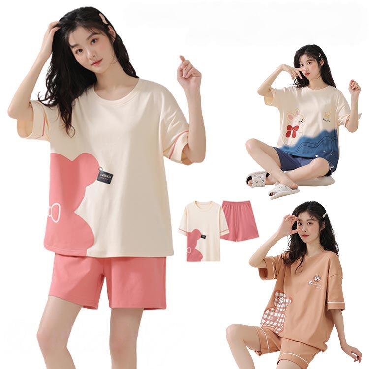 Rakuten - くま 女の子 上下セット レディース パジャマ ルームウェア 綿 トップス 上下2点セット 半袖 クマ 短パン ショートパンツ 外出 部屋着 ワンマイルウェア ウサギ 薄手 大きいサイズ 学生 パンツ 可愛い 秋 春 夏 かわいい