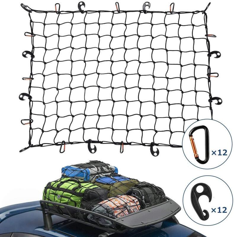 ルーフネット 90×120cm カーゴネット 収納ポーチ付属 ラゲッジネット 荷台用 車用 ツーリングネット 荷物落下防止 ゴム ルーフキャリア 天井 伸縮性 トランク Dリング&2WAYフック付 win01-10004826 MUKU楽天市場店 パッケージ画像
