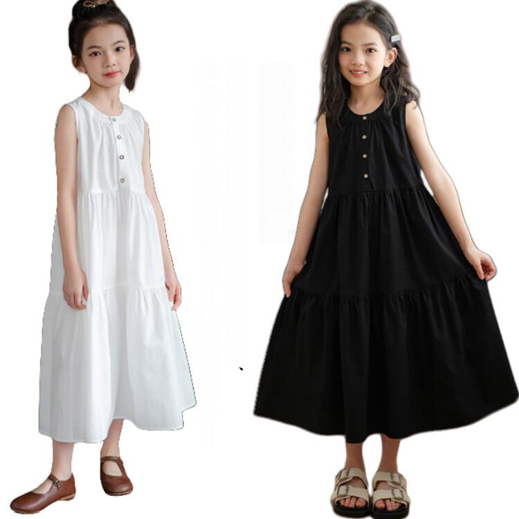 Dresses - ノースリーブ お洒落 ワンピース 女の子 ワンピース 夏物 キッズ服 Aライン 韓国風 可愛い ワンピース 子供服 無地 ガールズ ロングワンピース 普段着 ジュニア 通園 通学 出産祝い