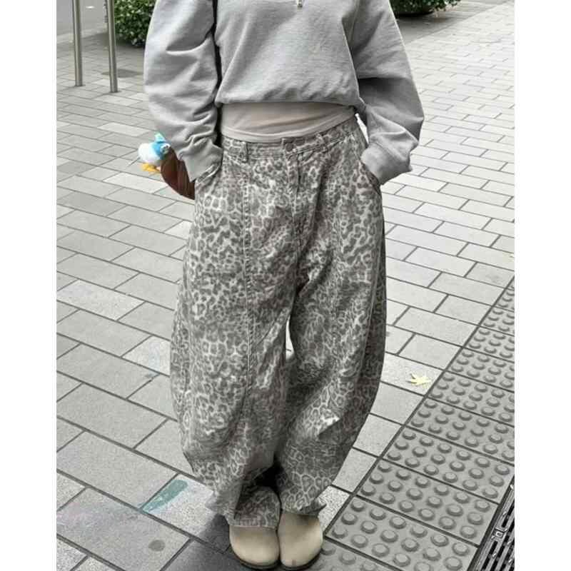 Rakuten - デニムパンツ メンズ アメリカンヴィンテージ風 アメカジ ヒョウ柄 ルーズフィット ワイドシルエット ストレート フルレングス コットン 再生繊維 カジュアル ストリートファッション 普段使い