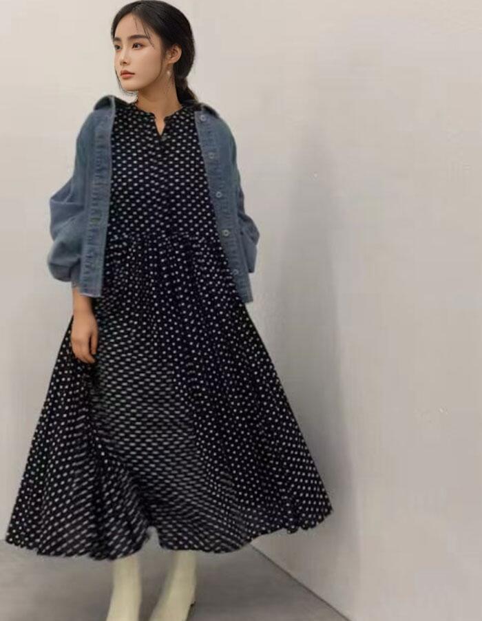 Rakuten - ワンピース 長袖 ドット柄 水玉 ロングワンピース ハイウエスト ロング丈 フェミニン雰囲気 春秋 春夏 大人可愛い カジュアル フォーマ
