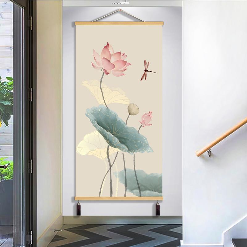 Rakuten - 掛け軸 オシャレ チャイナ風 壁 絵画 装飾 蓮 花 和室 玄関 寝室 ダイニングルーム キャンバス 無垢材 タッセル プレゼント