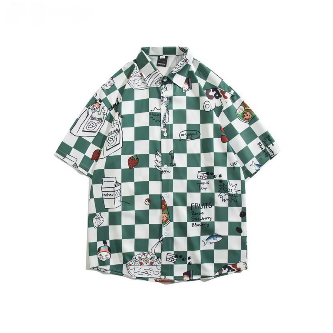 樂天商城 - 【20%OFFクーポン〜】チェック柄 シャツ メンズ 半袖 カジュアルシャツ いちご柄 クマ柄シャツ 大きいサイズ 開襟 五分袖 薄手 通気速乾 ゆったり おしゃれ 可愛い ストリート ユニセックス 夏服 普段着 部屋着 レジャー 通学 グリーン 2XL