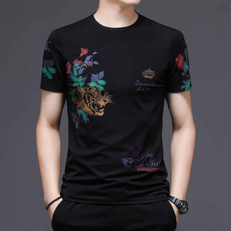 乐天商城 - Tシャツ メンズ 短袖 丸首 プリント 透気性 薄手 コットン混紡 フラワー柄 動物柄 合体型 韓国風 ファッション 都市スタイル 青年向け 休日用 黒 白 夏 オールシーズン 軽量 180g-250g 伸縮性 再生繊維 51-70% ミックス素材