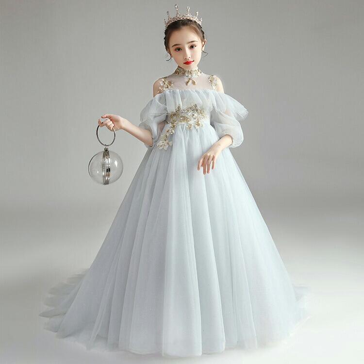 樂天商城 - 送料無料 子供ドレス ピアノ発表会 グレー ロングドレス 女児ドレス 立ち襟 オフショルダー 女の子ドレス 肩出し キッズドレス 演奏会ドレス トレーンドレス チュール フォーマル 100 110 120 130 140 150 160