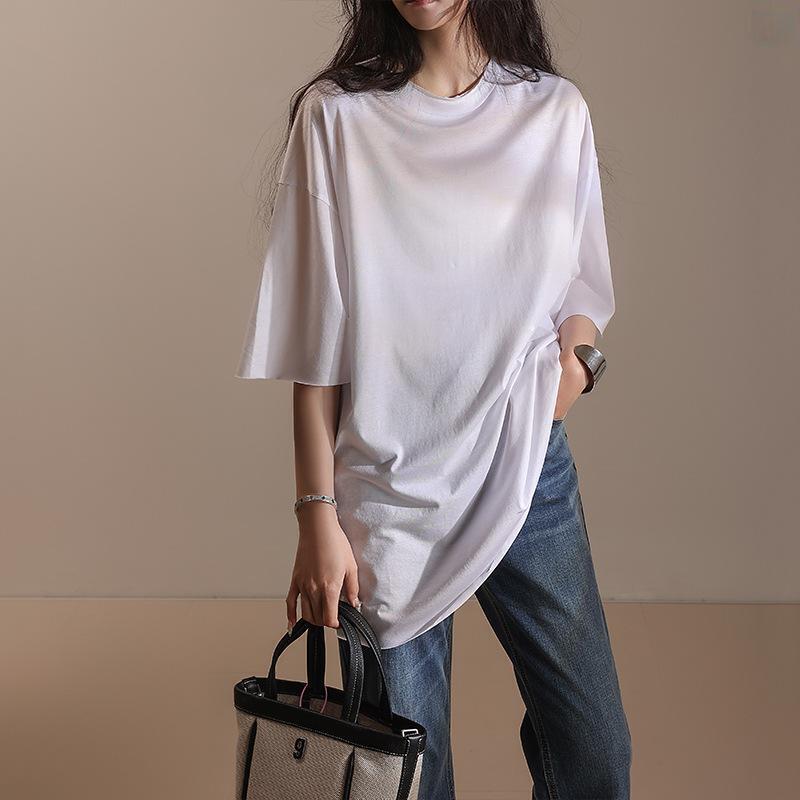 乐天商城 - トップス 春夏 軽薄 透気性 快適 丸首 半袖 Tシャツ ゆったり カジュアル ビッグシルエット ミディアム丈 軽量 吸湿速乾 普段使い