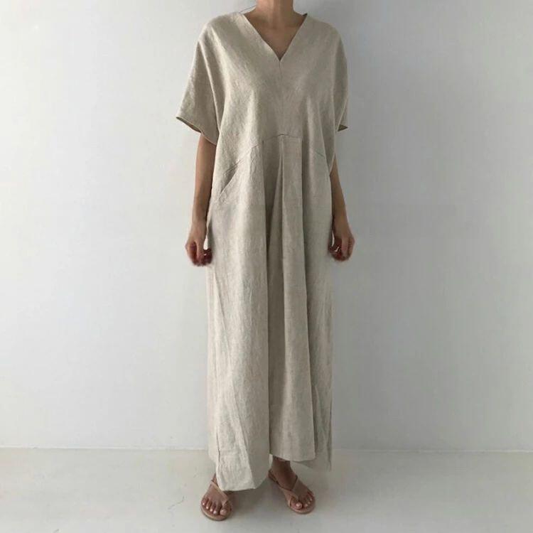 樂天商城 - ロングワンピース 半袖 夏 レディース マキシ丈ワンピース ワンピース ワンピ aライン フレア vネック 無地ワンピース 五分袖 リ