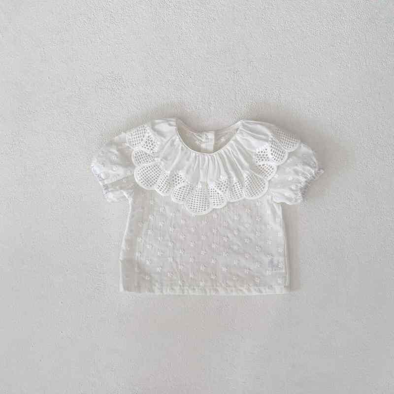 乐天商城 - Tシャツ ベビー ガールズ ビッグフリル襟 小花刺繍 パフスリーブ 半袖 コットン インナー カットソー かわいい キュート 着回し オフホワイト 夏