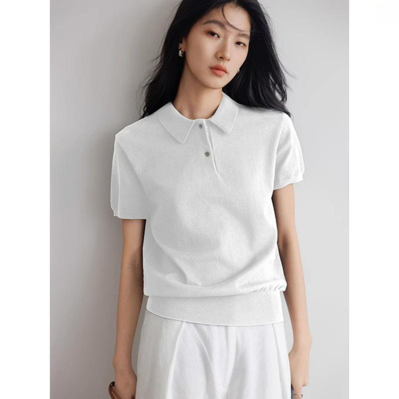Rakuten - レディース 夏 白 短袖 襟付き Tシャツ インナー トップス コーディネート 万能 スリム 減齢 カジュアル 普段使い