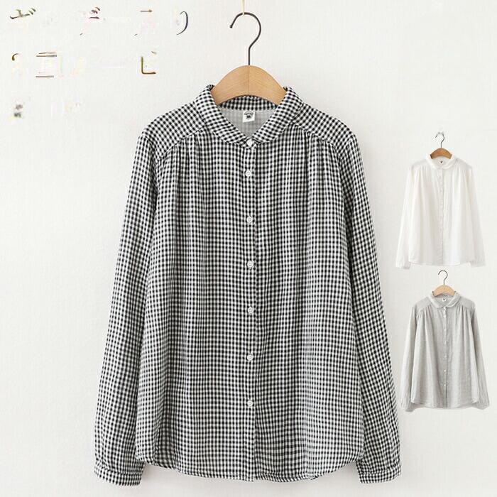 樂天商城 - 【一部即納 2枚購入で10％OFF】シャツ レディース 長袖 春 襟付き ガーゼシャツ トップス 白シャツ 長袖 コットン 綿 丸襟 シャツブラウス 柔らか ギャザー入り 無地 ホワイト チェック柄 シンプル 通気性 ゆったり 大きいサイズ 20代 30代 40代