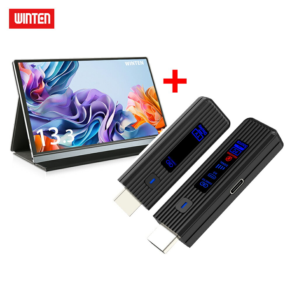 WINTEN モバイルモニター 13.3インチ【ワイヤレスHDMI セット】ゲーミングモニター 1080P 高画質 フルHD モバイルディスプレイ PC ゲーム 1年保証 パソコンモニター 軽量 非光沢 PS5 iPhone16 コンパクト カバー付 ノングレア IPSパネル タイプC USB-C HDMI WT-133H2-BS 6345