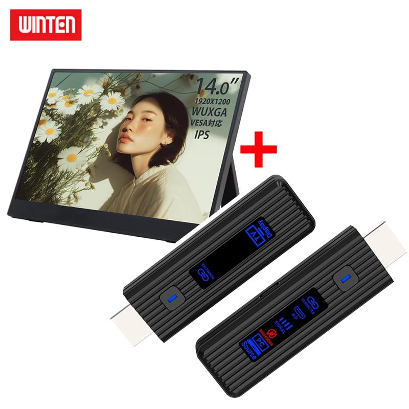 【セット商品】WINTEN モバイルモニター 14インチ（1920*1200 WUXGA）＋ワイヤレスHDMI ディスプレイアダプタ（日本技適認証取得） セット ディスプレイ 外付けモニター 軽量 薄型 ノングレア（非光沢）IPSパネル 内蔵スタンド カバー付 スピーカー内蔵 WTMWSET-140LP-BK