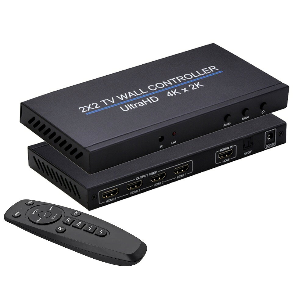 2×2 ビデオウォールコントローラ HDMI サイネージメディアプレーヤー ディスプレイ切替 1入力 4出力 4K 2K 解像度 映像出力 モニター4枚 4画面対応 リモコン付 1年保証 WT-HDMI-4K60H-S