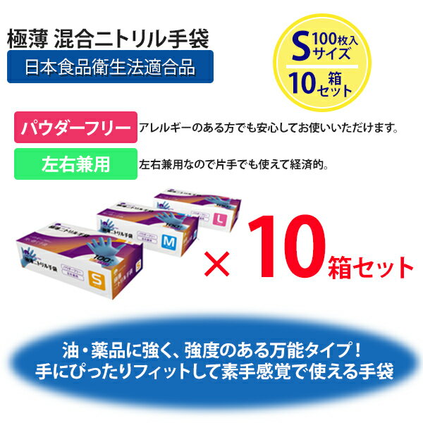 10箱セット ニトリル手袋 極薄 ニトリルグローブ パウダーフリー 100枚 食品衛生法適合 Sサイズ ゴム手袋 使い捨て 粉なし 青 ブルー 左右兼用 衛生用品 業務用 家庭用 調理 医療 介護 看護 ペット 園芸 ガーデニング 掃除 家事 ラテックスアレルギー対策 75146