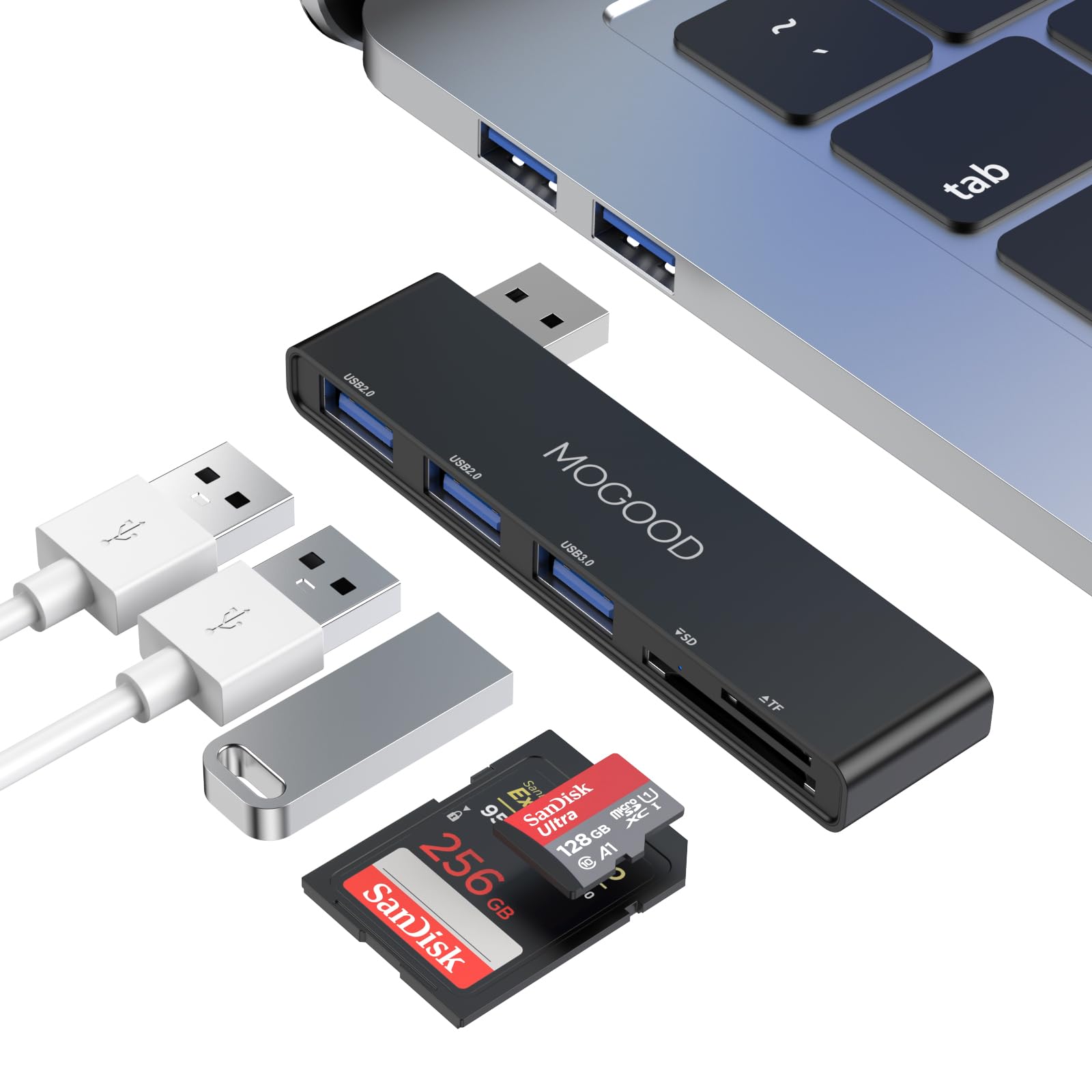 MOGOOD USBハブ 5-in-1マルチポート USBアダプタ拡張ベース 1×USB 3.0、2×USB 2.0、SD/TFカードリーダー付き、ノートパソコン、キーボード、マウス、MacBook Air、Mac Pro、iMac、Surface Pro、フラッシュメモリドライブ、モバイルハードディス対応(ブラック，左)