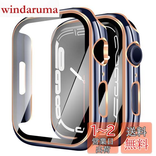 YUGYUG 対応 Apple Watch 3/2/1 38mm ケース アップルウォッチ3/2/1 38mm ケース PC素材 光沢式 アップルウォッチ カバー ガラスフィルム 一体型 日本旭硝子材 二重構造 Apple Watch カバー 全面保護 強化ガラス キズ防止(38mm,ブルー+ローズゴールド)