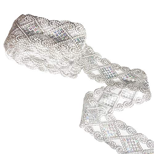 【送料無料】レースリボン 銀色 菱形モチーフ スパンコール 縫製 長約9m 幅5cm カーテン、ウェディングドレス、DIY、服装装飾 手芸用 材料