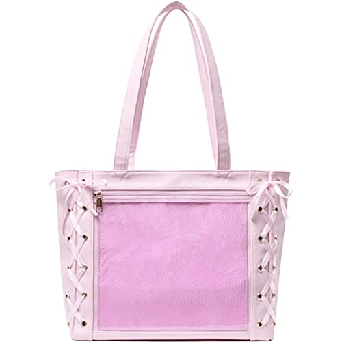 【送料無料】[YUYAKESHI] 痛バッグ 透明窓 PU リボン飾り 大容量 ハンドバッグ 見せバッグ 鞄 トートバッグ 痛マット付 缶バッジ用 防水 痛バ 2way