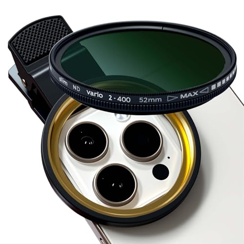 【送料無料】52mm クリップオン ND 2-400 電話レンズフィルター iPhone16 15 14 13 12 11、Samsung BLU、Motorola、Xiaomi、その他のスマートフォン用。ニュートラルな密度で、光を低減し、タイムラプス撮影に使用します。