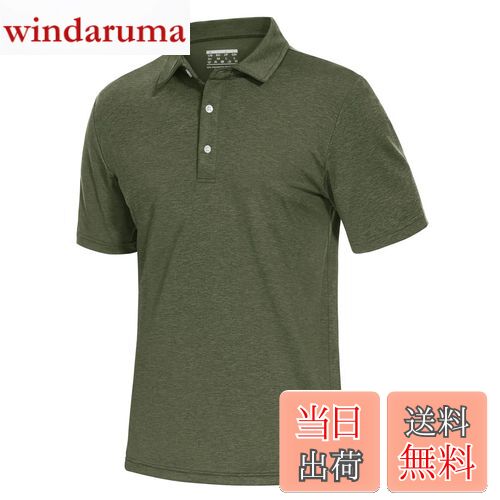 【送料無料】[TACVASEN] ポロシャツ メンズ 半袖 吸汗速乾 通気性 ゴルフウェア ストレッチ ボタン付 通勤 ランニング 襟付き 無地 スポーツ カジュアル ポリエステル 色：アーミーグリーン、サイズ：L