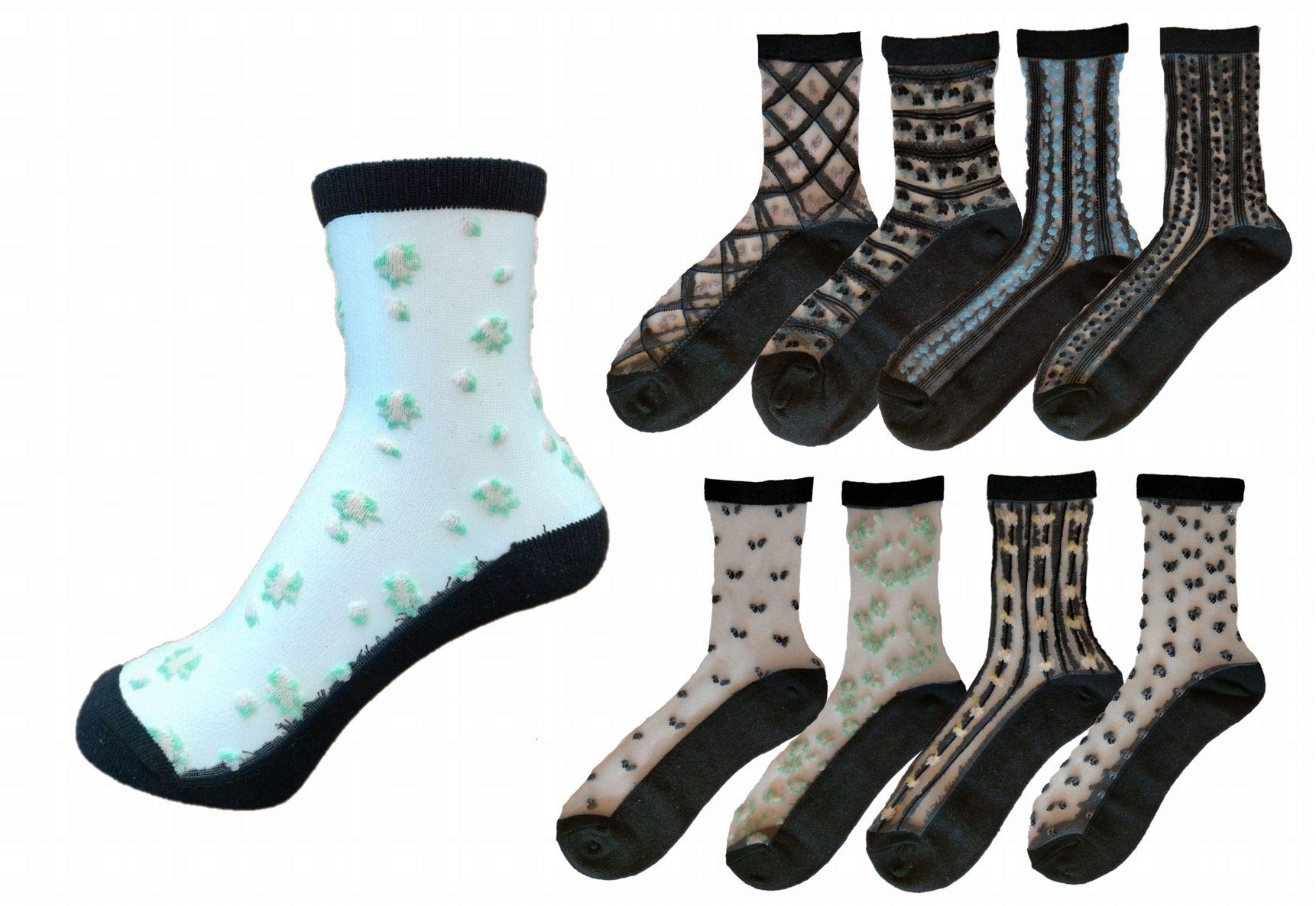 【送料無料】レディース 靴下 シルク混 シースルーソックス8足セット 色：8柄アソート、サイズ：22.0-24.0 cm