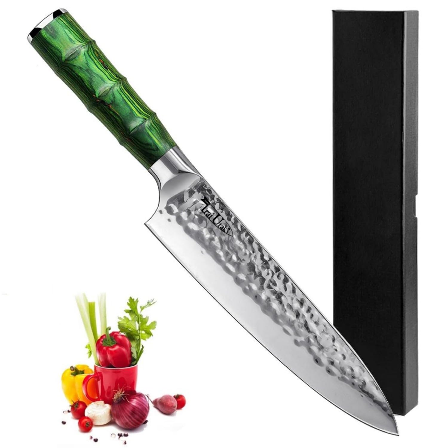 【送料無料】牛刀包丁 刃渡200mm 切れ味よく 5Cr15MoVステンレス鋼包丁 竹目柄 家庭用包丁 一人暮らし 肉から魚野菜パンなど調理用万能包丁 キッチンナイフ Green 色：Green、サイズ：竹目柄ステンレス牛刀（刃渡り20cm）