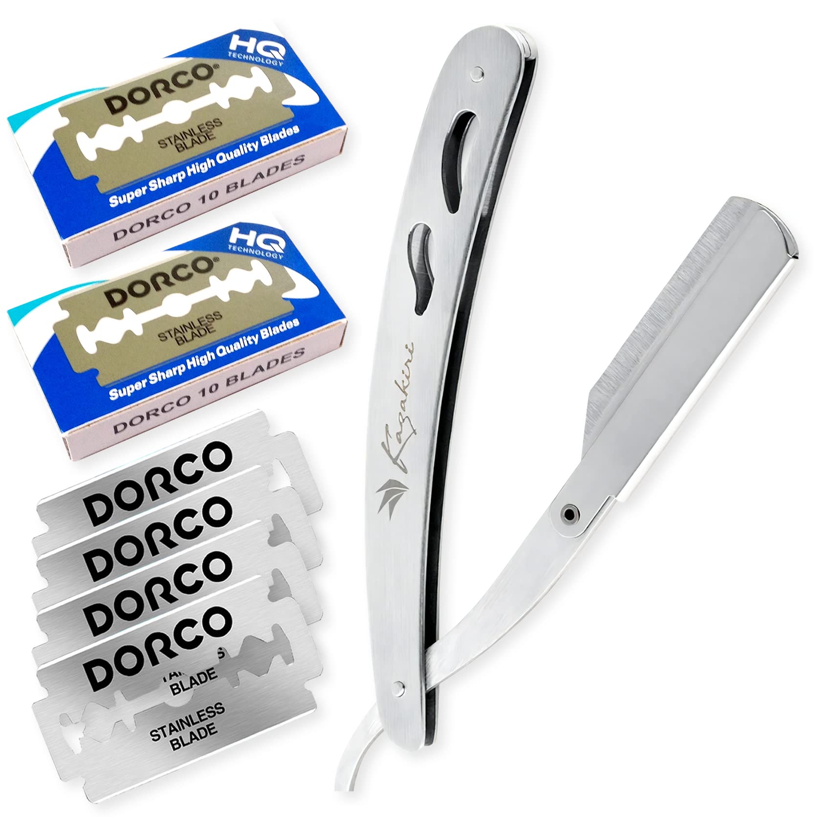 【送料無料】Kazakiri カミソリ 剃刀 【プロ理容師監修x感動深剃り】 髭剃り 顔剃り 替刃付き メンズ 西洋剃刀 一枚刃 説明書付き カザキリ 色：シルバー、サイズ：替刃40刃付属
