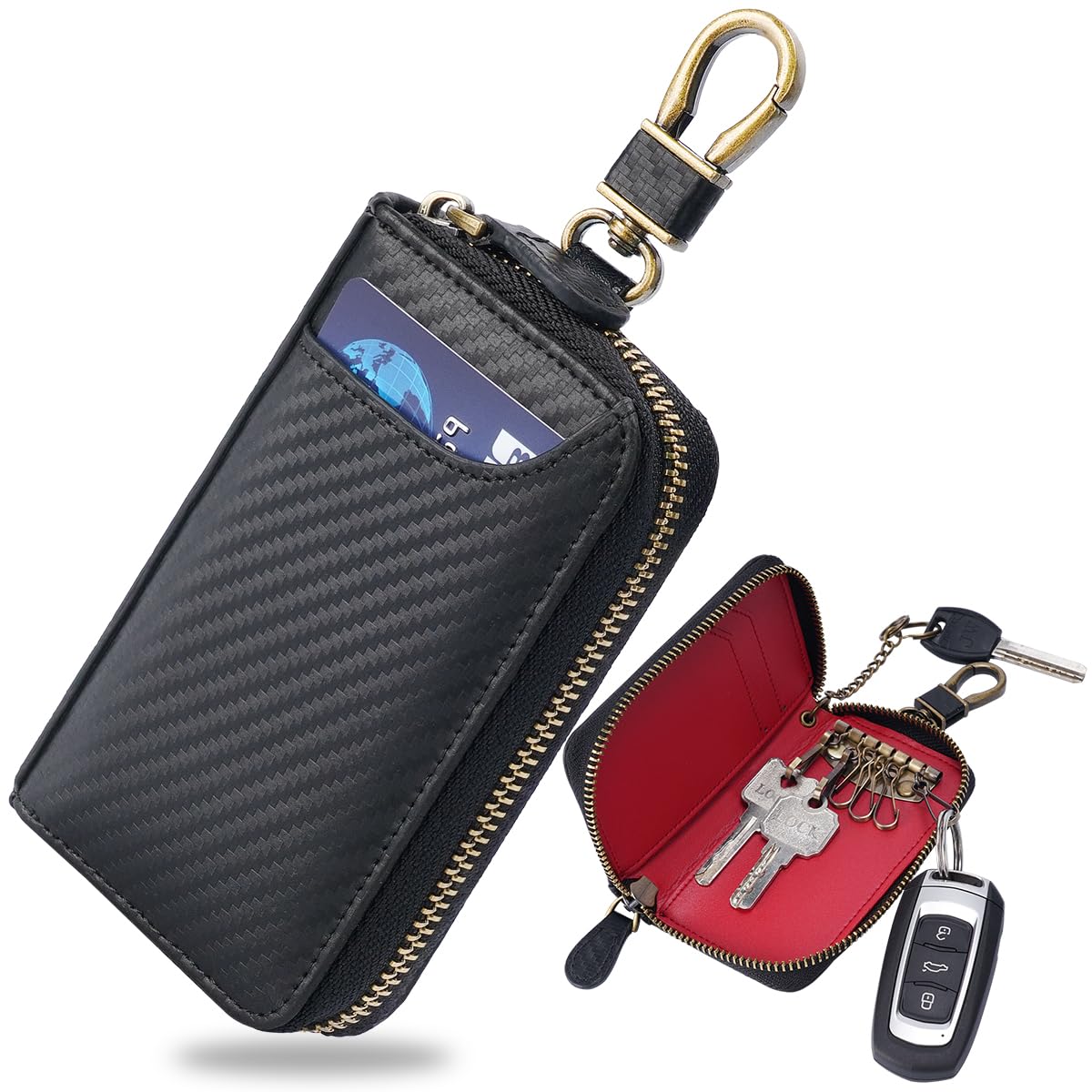 【送料無料】[Aemicion] キーケース スマートキー 車キーケース メンズ キーホルダー 本革 レザー カーボンレザー ハイブリッドレザー 6連 ファスナー カード入れ付き 札入れ付き 多機能 大容量 コンパクト プレゼント 色：カーボンレザー、サイズ：ノーマル