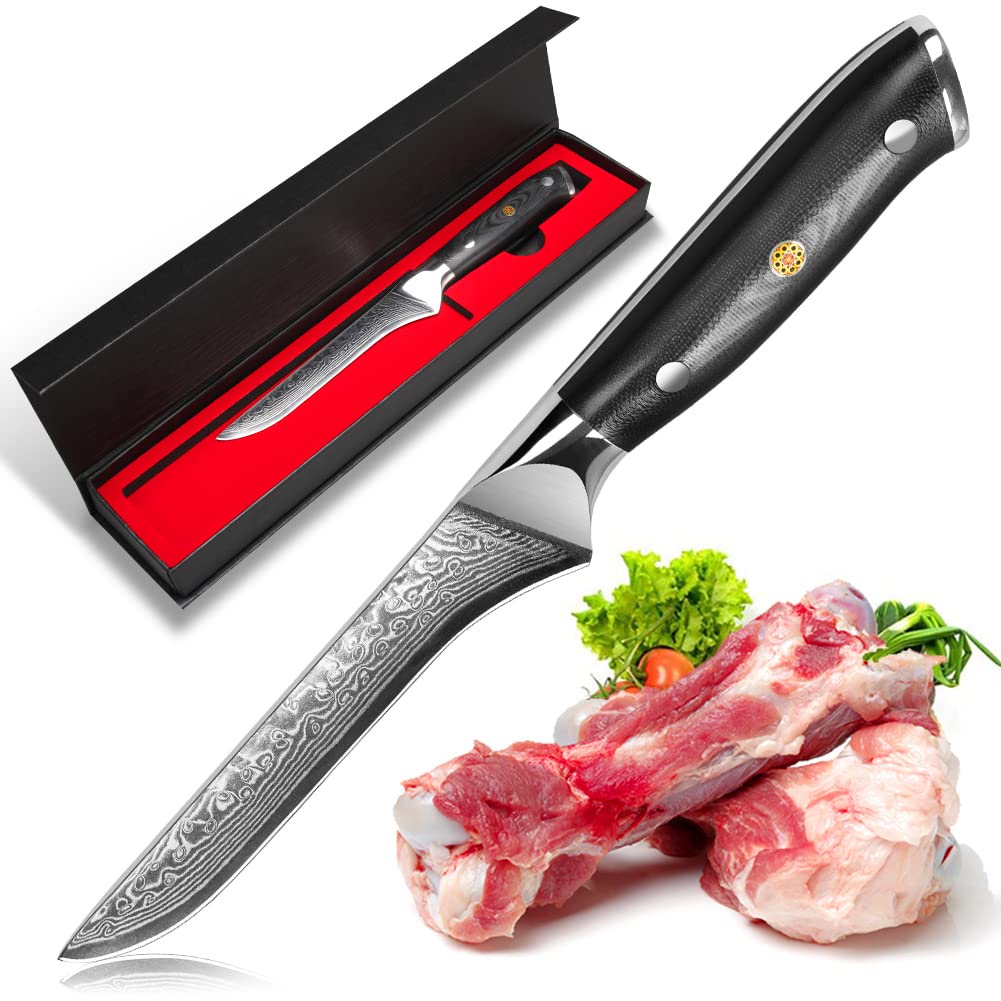 【送料無料】KyushuBlade 包丁 ボーニングナイフ, ダマスカス 包丁 刃渡り145mm. プロ用 骨スキ包丁, 肉を骨から剥がす特殊包丁 キッチン用 肉切り包丁. 本物のダマスカス模様 両刃包丁 左利き用, 錆びにくい67層の高炭素ステンレス鋼 料理包丁. 人間工学に基づいたデザ