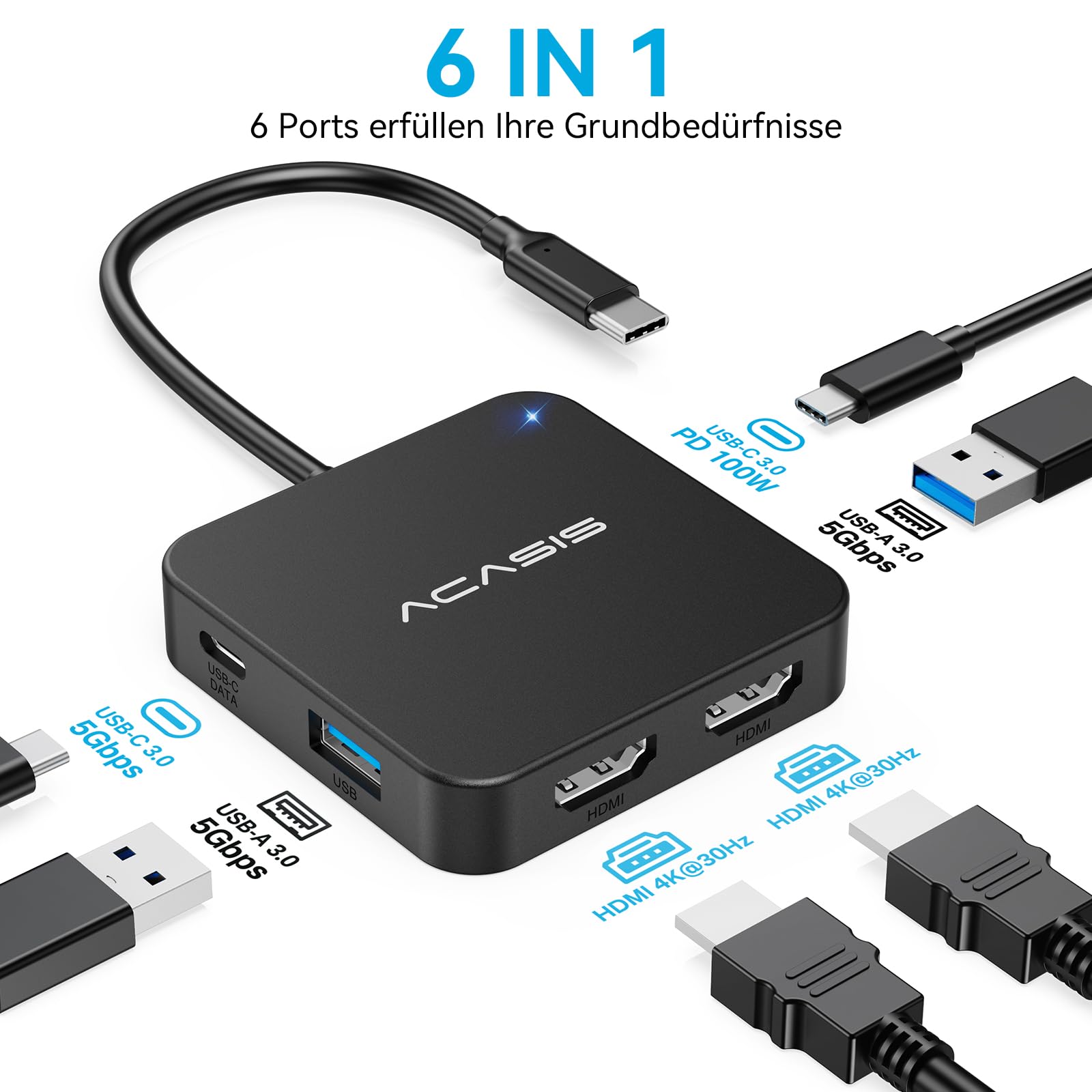 【送料無料】ACASIS USB-Cハブ 6-in-1 デュアルHDMI ポート 4K 60Hz 100W PD充電 5Gbps高速転送 バスパワー 軽量 コンパクト USB-C/USB-Aポート搭載 MacBook Pro/Air・iPad Pro・iMac・Dell・HP・Surface・Lenovo・Steam Deck対応 windaruma-10175562 windaruma サンプル画像2