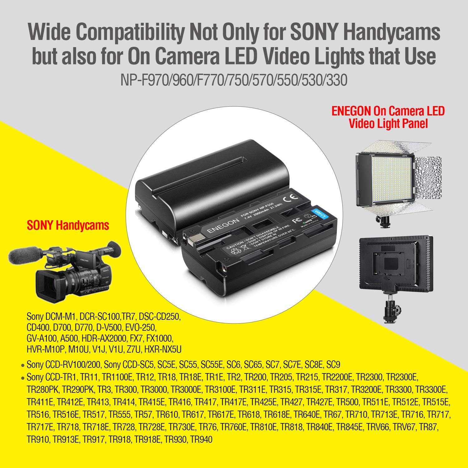 【送料無料】ENEGON Sony NP-F550/NP-F570互換バッテリー（2個）2900mAh+USB充電器 対応NP-F530/ NP-F550 /NP-F570/ NP-F330/ CCD-RV100/ RV200/ TR1 /TR940 /TR917 /CN-160 /CN-216 /CN-304 /YN 300 /V607u /V617u