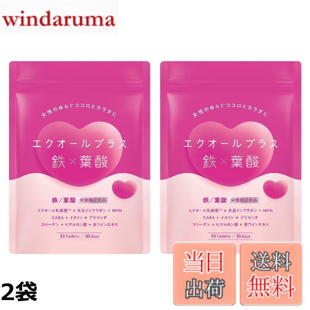 【送料無料】エクオールプラス鉄x葉酸（栄養機能食品） エクオール 30日分（90粒） 鉄・葉酸配合 大豆イソフラボン・GABA配合 国内製造 windaruma-10241851 windaruma パッケージ画像