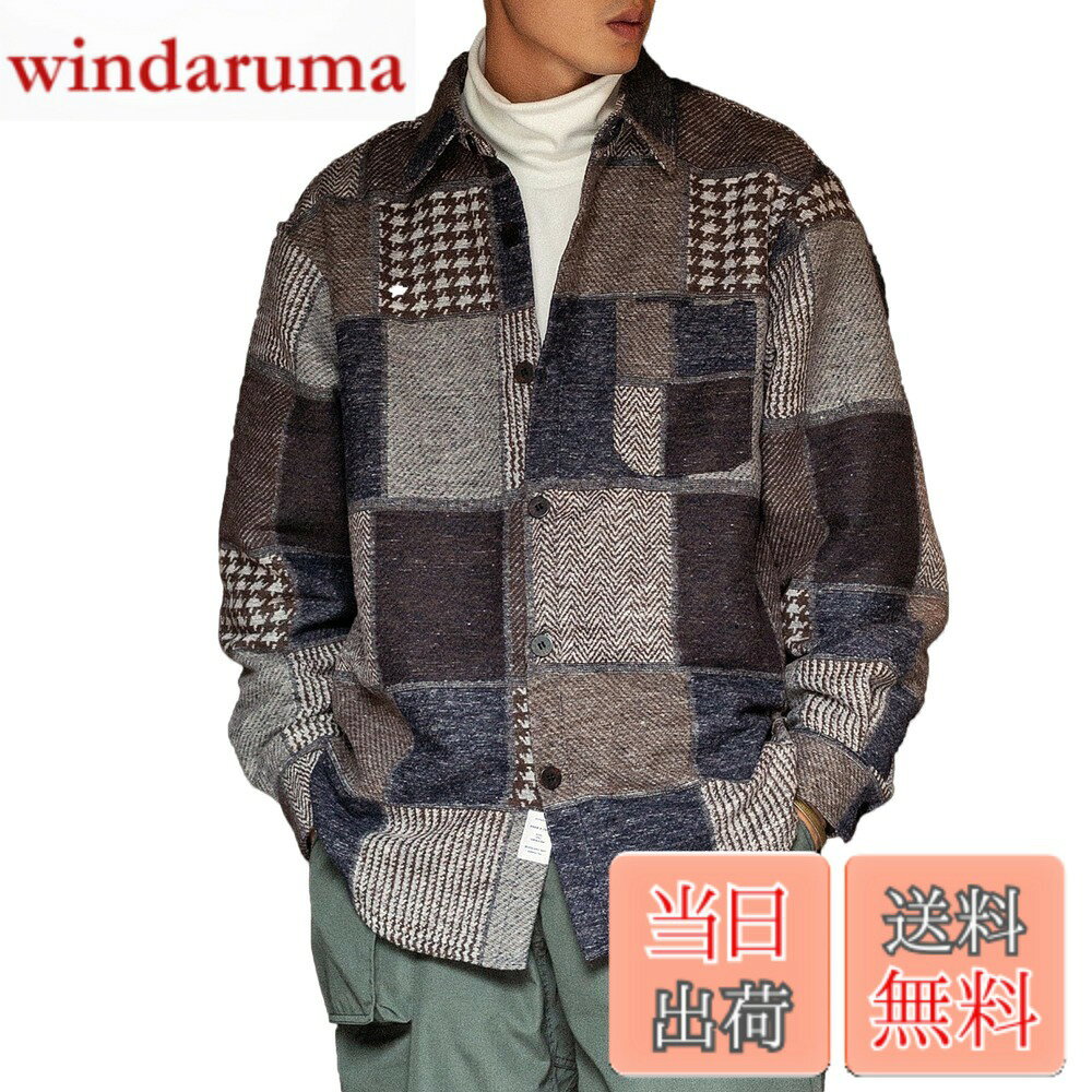 【送料無料】[CHANGE WELL] メンズ ファッション 長袖シャツ 秋服 レトロ 切り替えデザイン 厚手 パッチワーク ツイードチェック 春秋冬アウター(BLUE,XL)